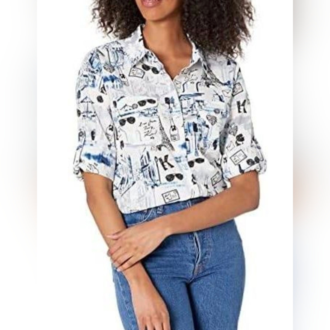Karl Lagerfeld Paris Long Roll Tab Sleeve Whimsical Novelty Print Medium
